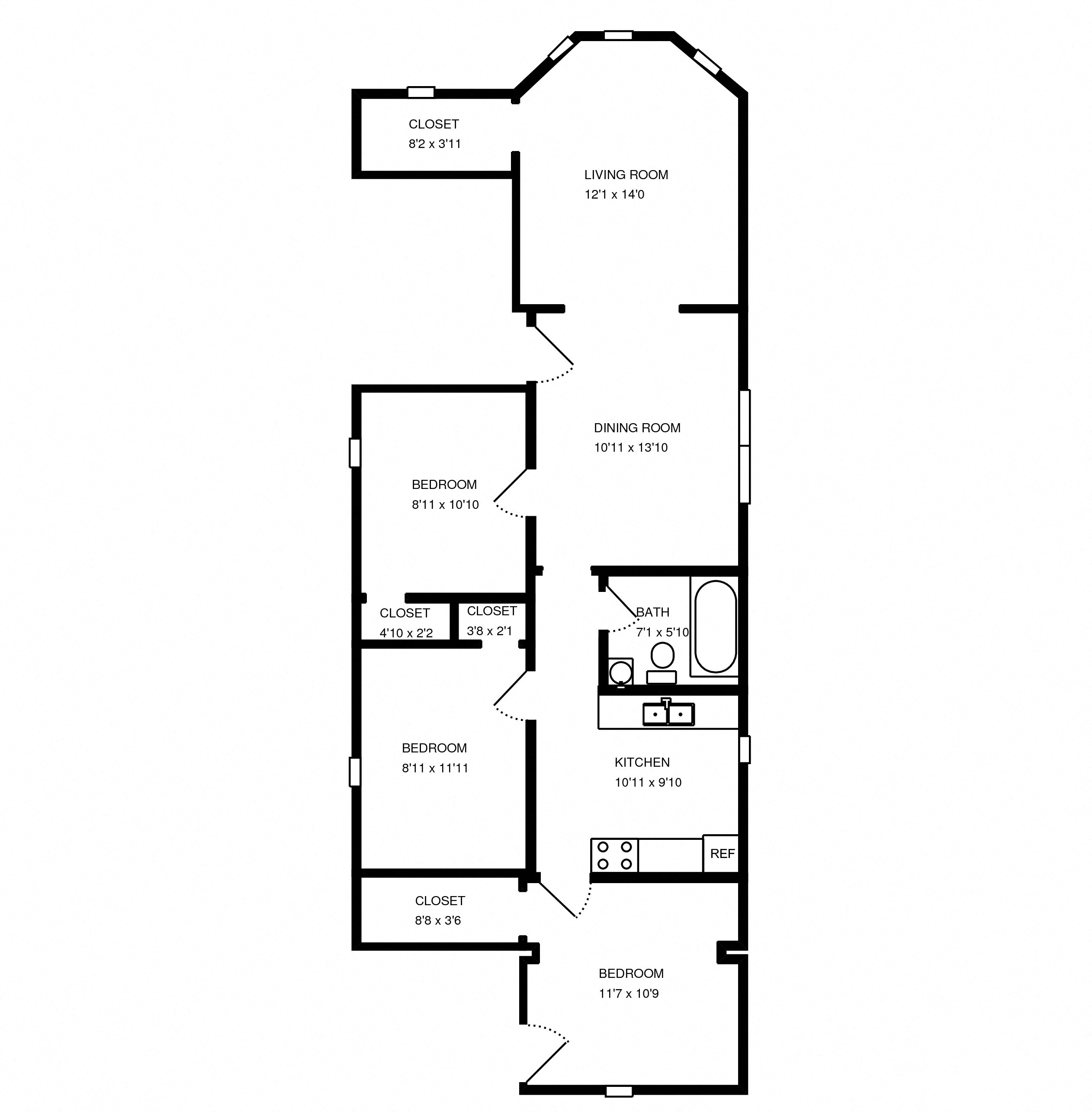 Floor plan for 3 beds, 1 bath, 883 sqft